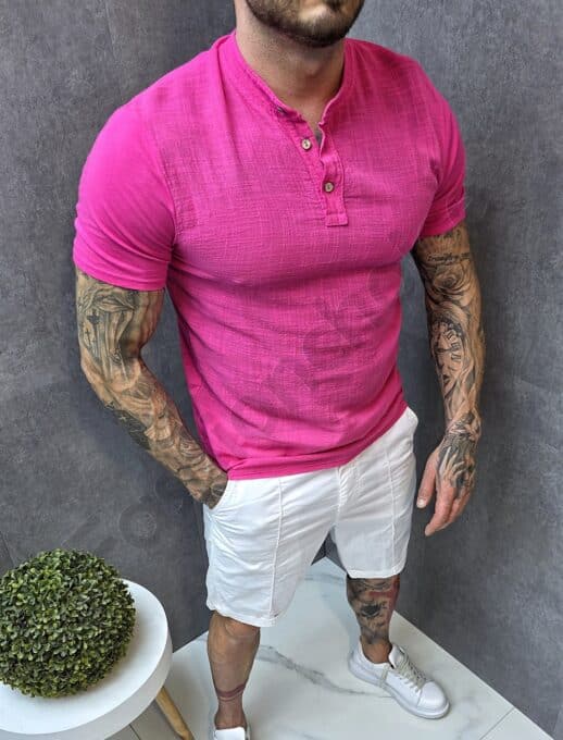 Bluza barbati din 100% bumbac cu nasturi pe decolteu-magenta cod 13563-6