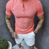 Bluza barbati din 100% bumbac cu nasturi pe decolteu-coral cod 13563-1