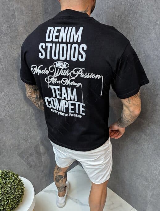 Tricou barbati cu broderie si inscris pe spate DENIM STUDIOS-negru cod 9139