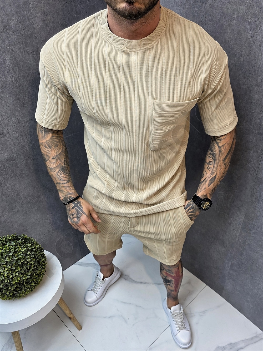 Compleu barbati Oversize pentru vara cu buzunar-bej cod 1445-2
