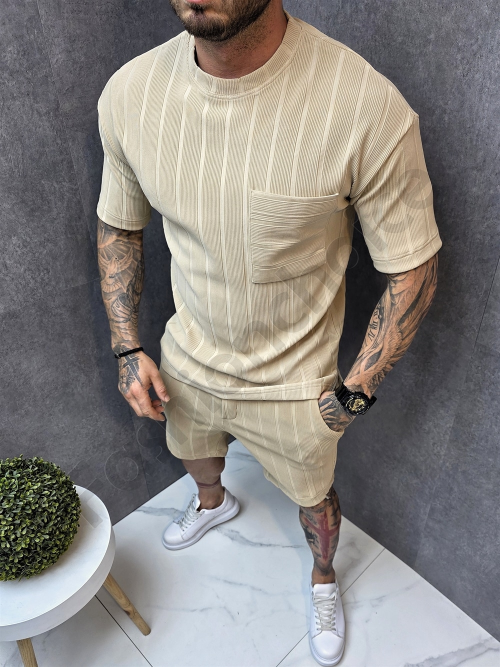 Compleu barbati Oversize pentru vara cu buzunar-bej cod 1445-2