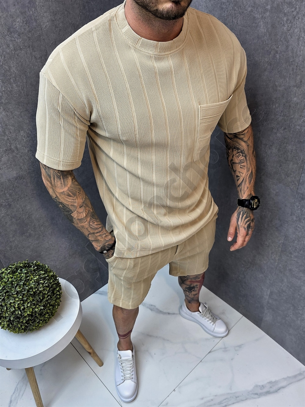 Compleu barbati Oversize pentru vara cu buzunar-bej cod 1445-2