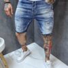 Blugi scurti pentru barbati cu efect prespalat si stropi multicolor-albastru cod 4030-1