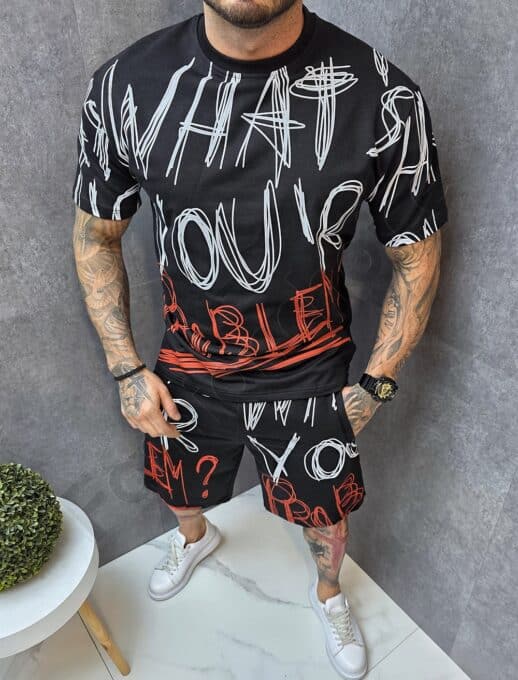 Compleu pentru vara cu inscriptii multicolor What’s your problem?-negru cod 440