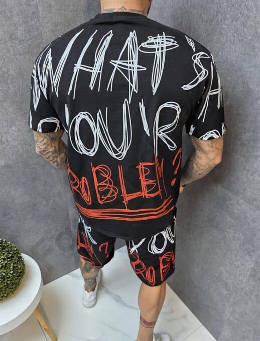 Compleu pentru vara cu inscriptii multicolor What’s your problem?-negru cod 440