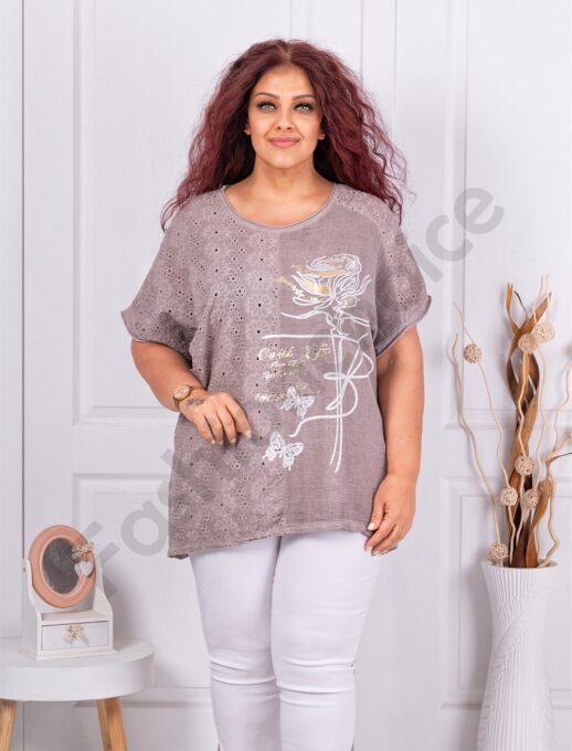 Tunica maxi din In si bumbac cu broderie englezeasca-moca cod 9572-2