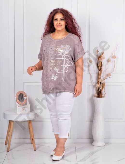 Tunica maxi din In si bumbac cu broderie englezeasca-moca cod 9572-2