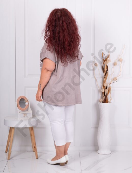 Tunica maxi din In si bumbac cu broderie englezeasca-moca cod 9572-2