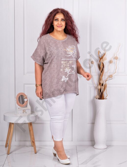 Tunica maxi din In si bumbac cu broderie englezeasca-moca cod 9572-2