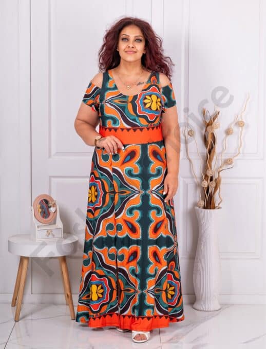 Rochie maxi cu umeri decupati si fanta-motive Baroc cod 20023-5