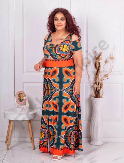 Rochie maxi cu umeri decupati si fanta-motive Baroc cod 20023-5