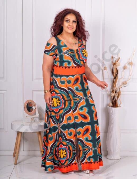 Rochie maxi cu umeri decupati si fanta-motive Baroc cod 20023-5