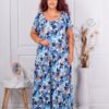 Rochie pentru vara cu imprimeu frunze albastri si decolteu elastic cod 25587-1