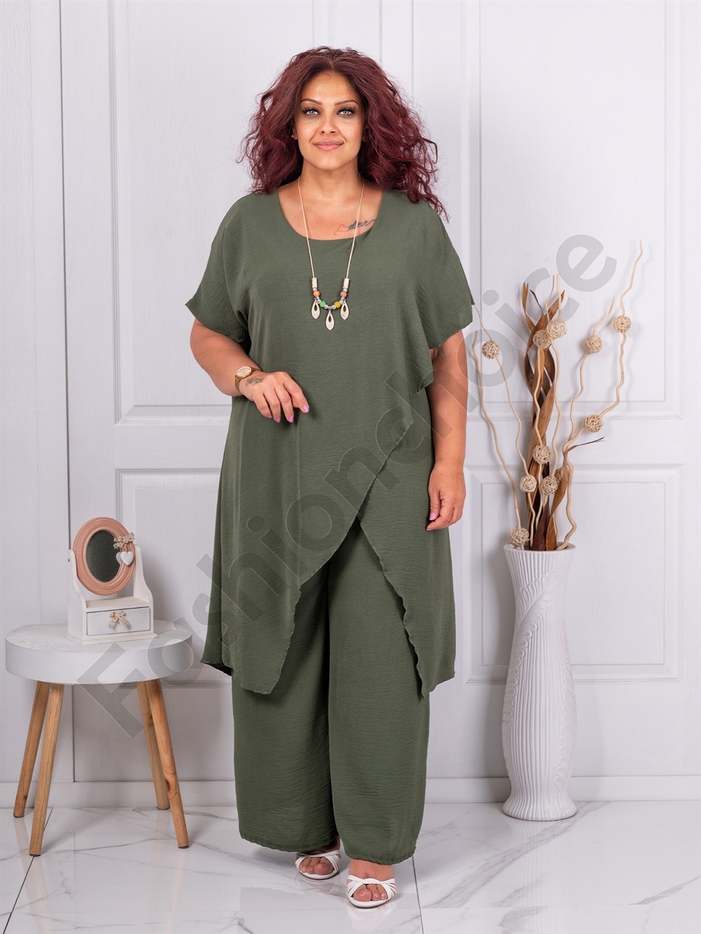 Set maxi pentru vara din doua piese cu design modern+cadou colier-kaki cod 10030-7