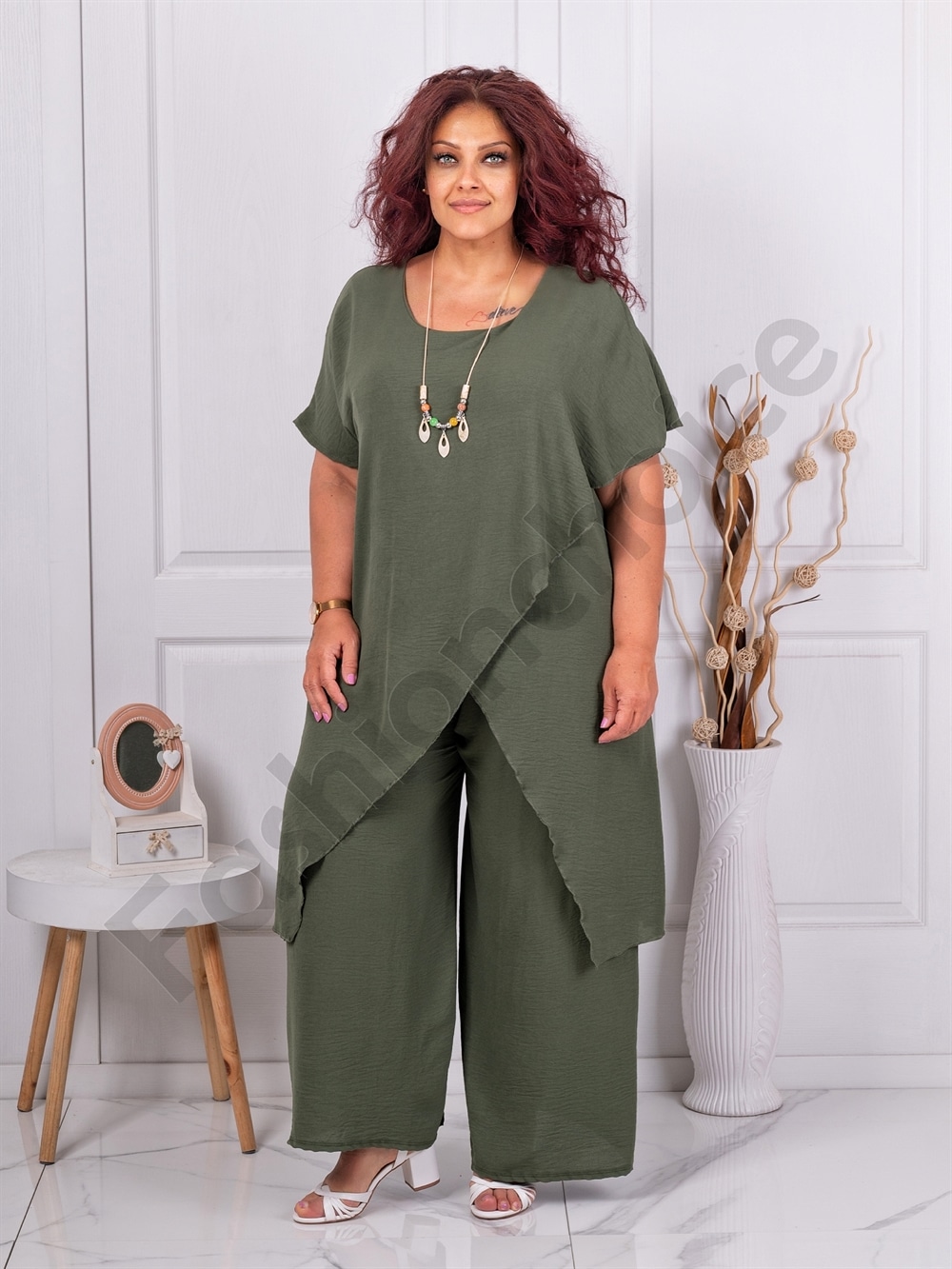 Set maxi pentru vara din doua piese cu design modern+cadou colier-kaki cod 10030-7
