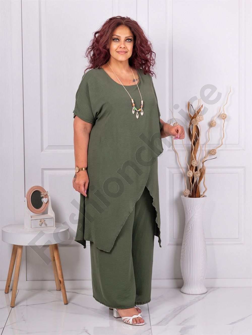 Set maxi pentru vara din doua piese cu design modern+cadou colier-kaki cod 10030-7