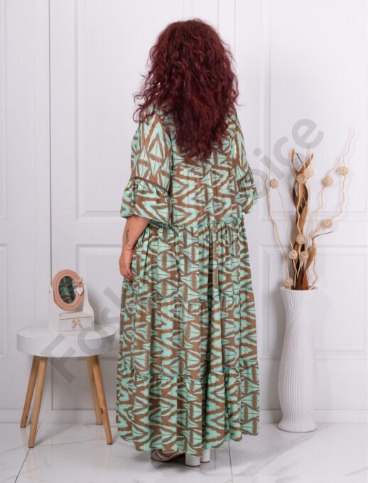 Rochie maxi din matase cu volane si maneca clopot-menta/cacao cod G146-4