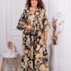 Rochie maxi din matase cu volane si maneca clopot-negru cu flori bej cod G146-3