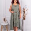 Rochie maxi pentru vara din In si bumbac cu aplicatie din ajur-kaki cod 61404-6