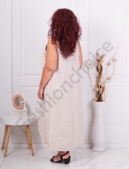 Rochie maxi pentru vara din In si bumbac cu aplicatie din ajur-capucino cod 61404-5