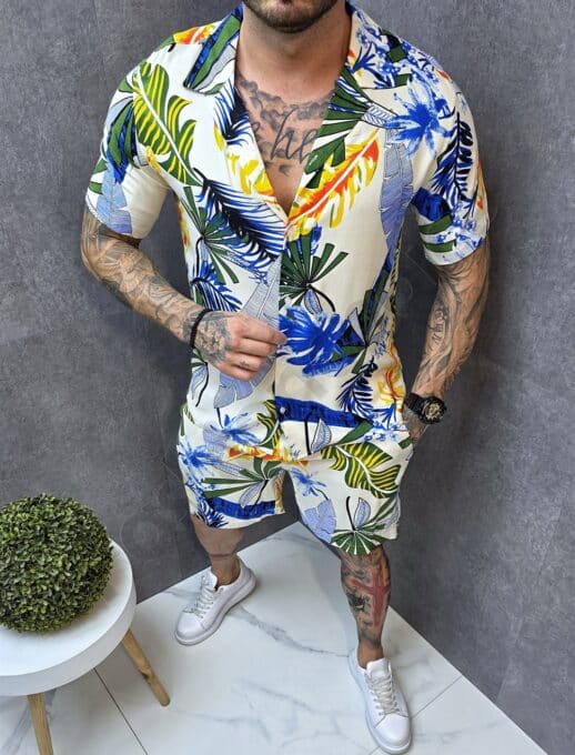 Set barbati pentru vara cu camasa si pantalon scurti-imprimeu tropical cod 802