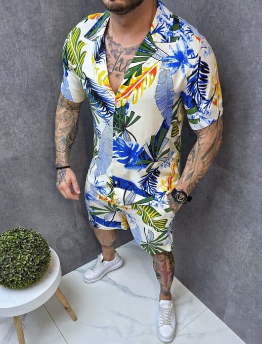 Set barbati pentru vara cu camasa si pantalon scurti-imprimeu tropical cod 802