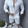 Compleu Italian din in cu pantalon scurt si camasa cu guler clasic-alb cod 1297-1