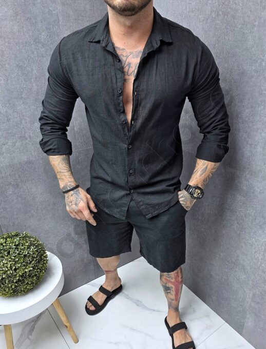 Compleu Italian din in cu pantalon scurt si camasa cu guler clasic-negru cod 1297