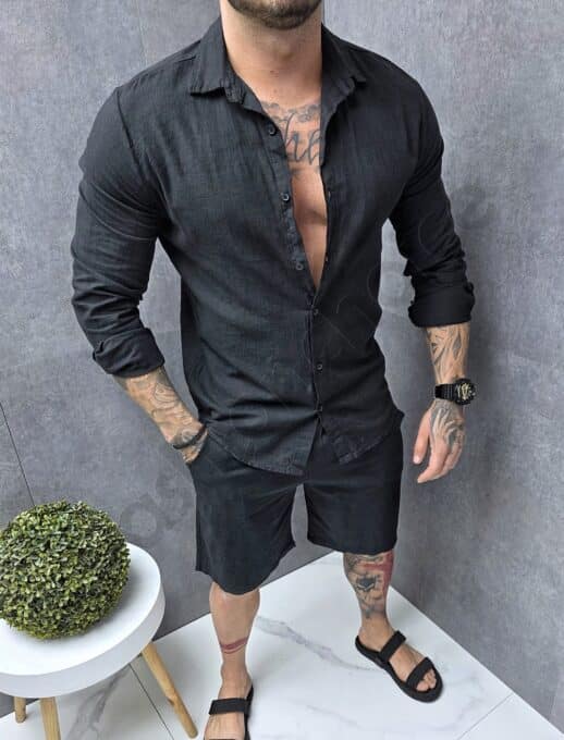 Compleu Italian din in cu pantalon scurt si camasa cu guler clasic-negru cod 1297