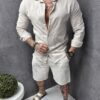 Compleu Italian din in cu pantalon scurt si camasa cu guler clasic-capucino cod 1297-3