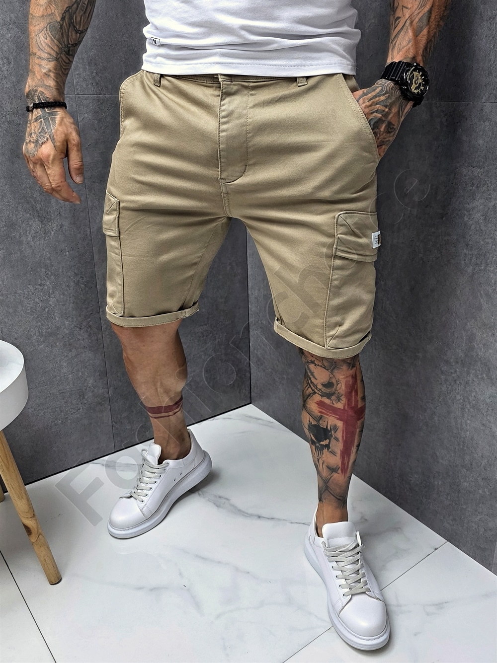 Pantaloni scurti de vara pentru barbati cu buzunare cargo-camel cod 615-1