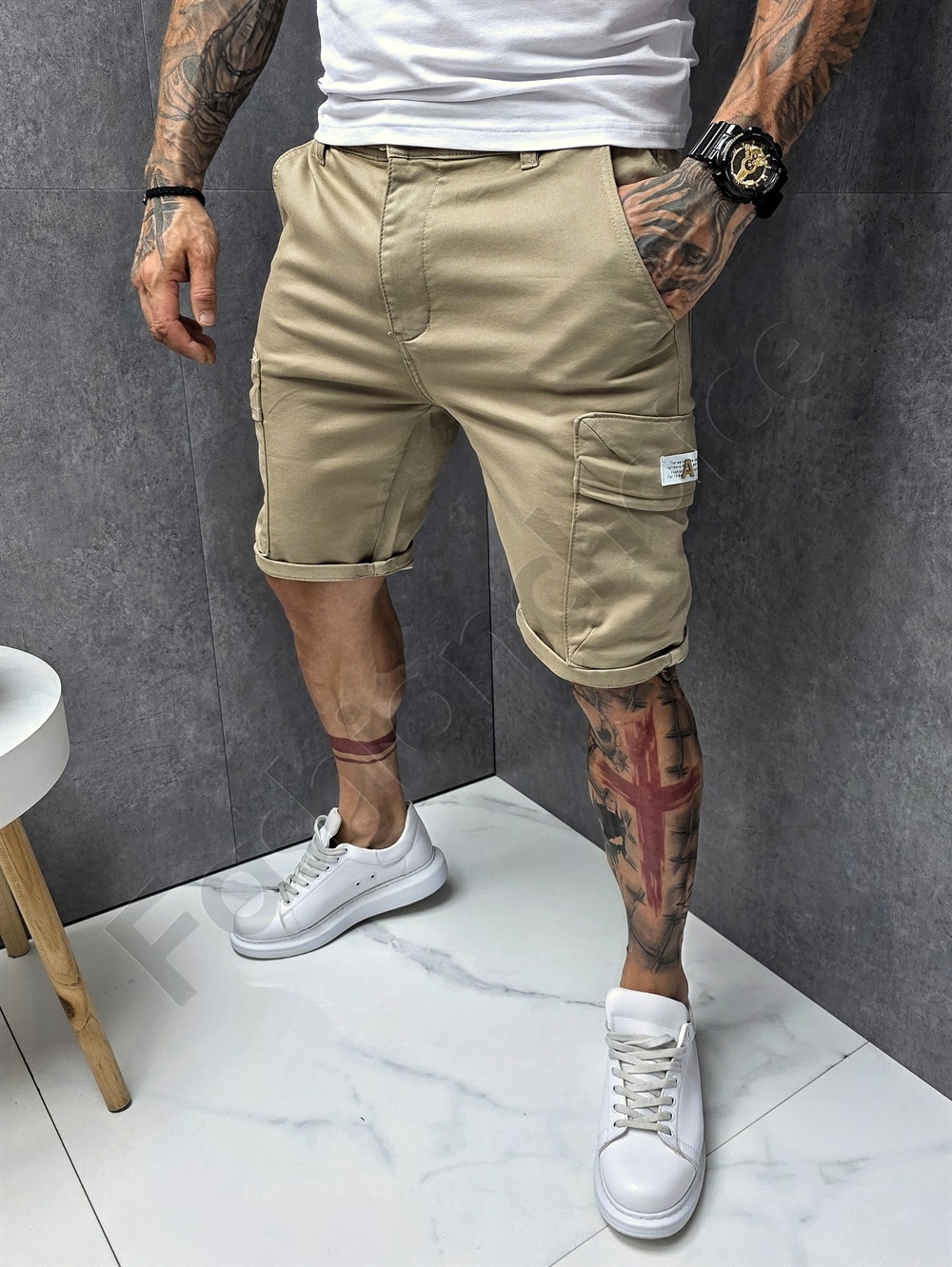 Pantaloni scurti de vara pentru barbati cu buzunare cargo-camel cod 615-1