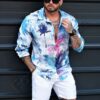 Camasa Italiana pentru barbati din in si bumbac cu frunze de palmier/M-7XL/ cod 9705