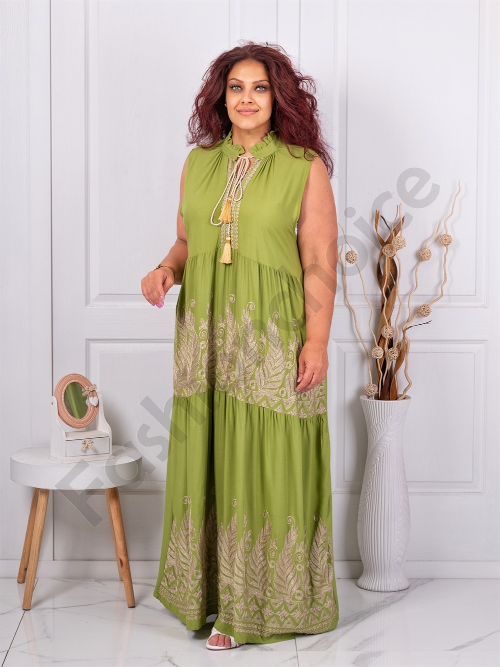 Rochie maxi pentru vara cu volane si broderie-masliniu cod 4134