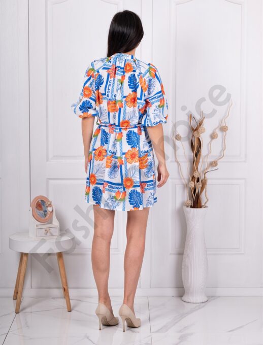 Rochie de dama cu guler la baza gatului si flori orange cod 26724