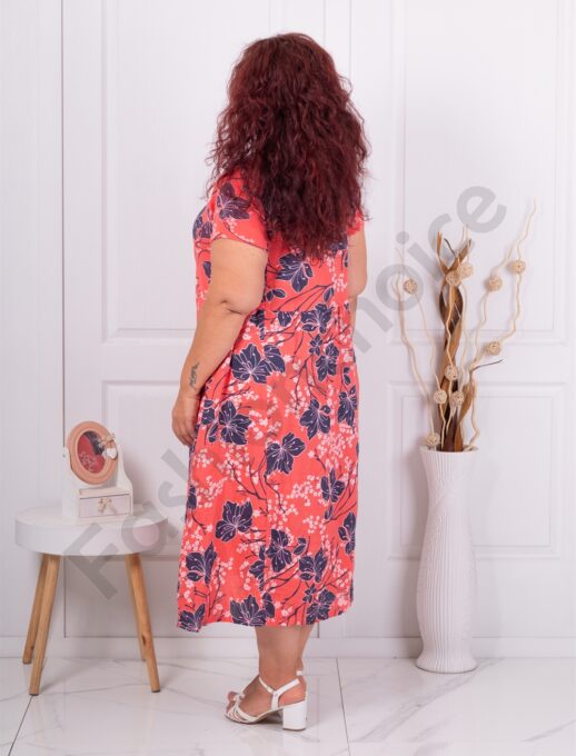 Rochie maxi pentru vara din 100% In cu flori albastre si albe-coral cod 6568-2
