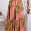 Fusta maxi din matase cu print Boho-kaki/roz cod D9614