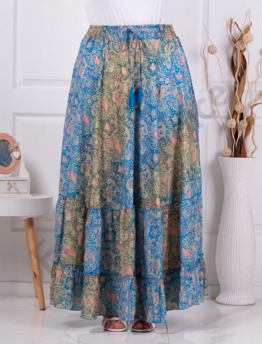Fusta maxi din matase cu print Boho-albastru/verde cod D9614-1
