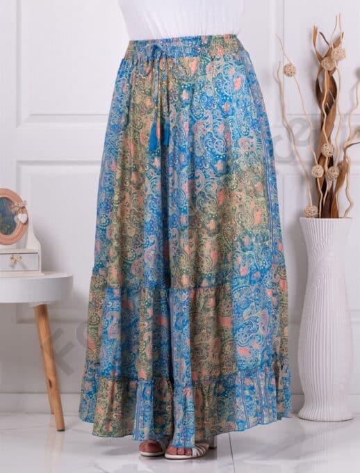 Fusta maxi din matase cu print Boho-albastru/verde cod D9614-1