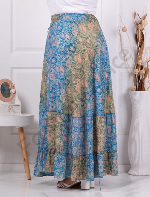 Fusta maxi din matase cu print Boho-albastru/verde cod D9614-1