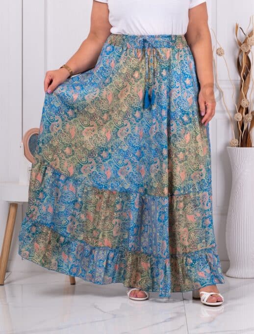 Fusta maxi din matase cu print Boho-albastru/verde cod D9614-1