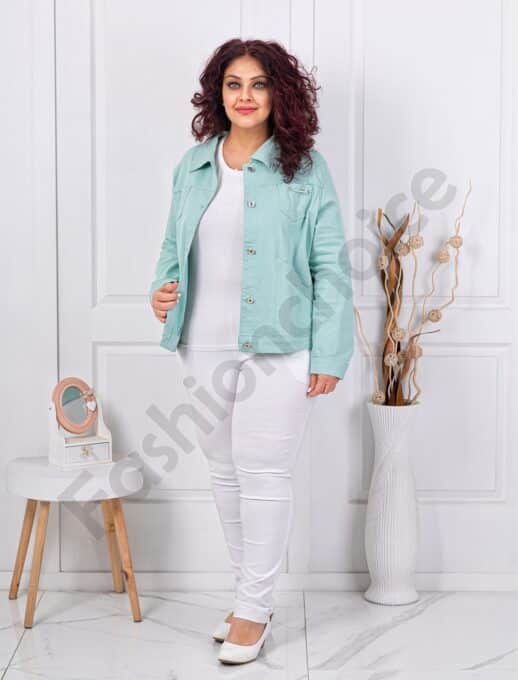 Geaca maxi din denim de vara cu brosa-menta cod 8967