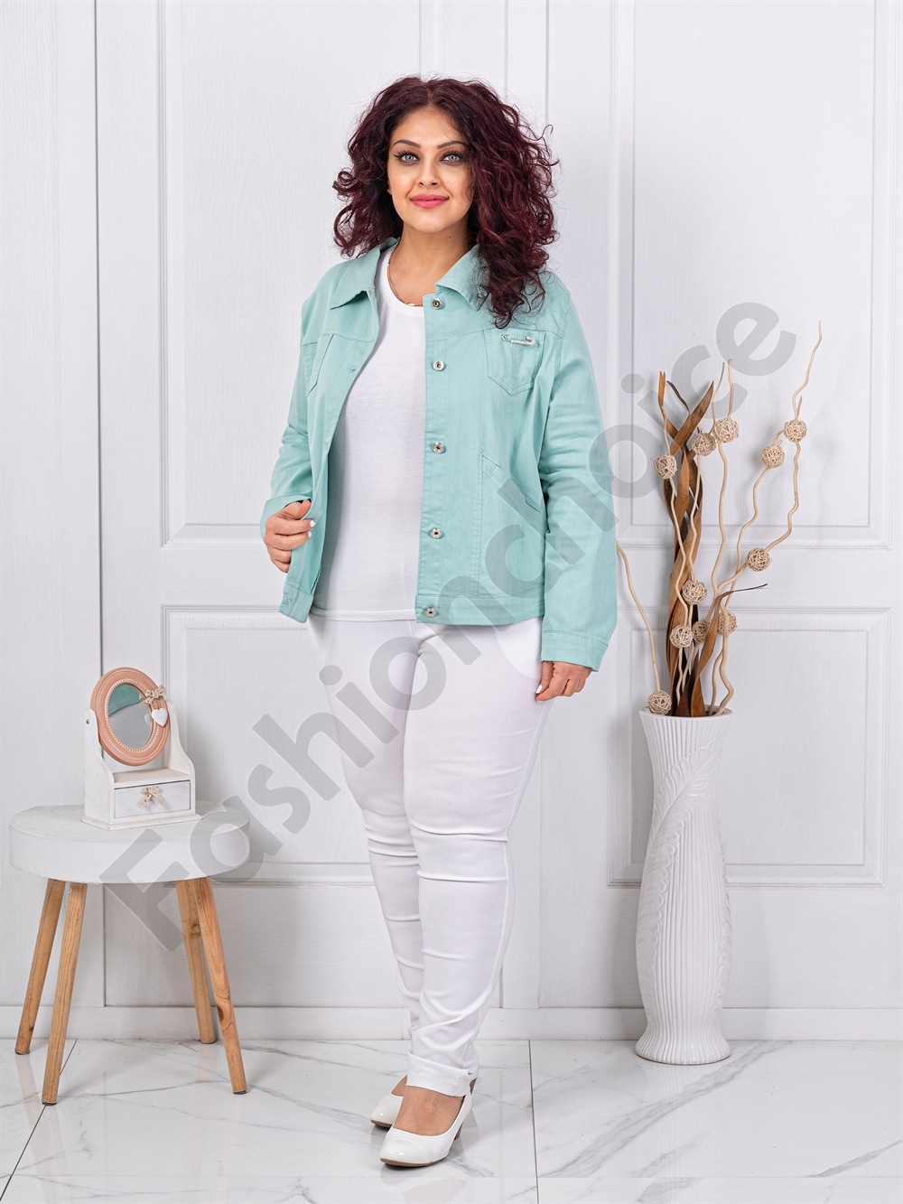Geaca maxi din denim de vara cu brosa-menta cod 8967