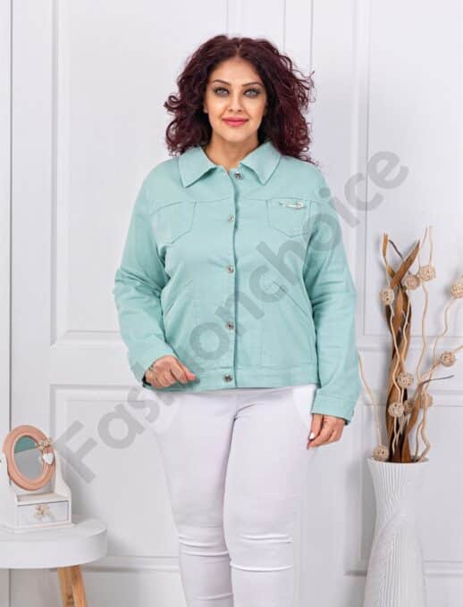 Geaca maxi din denim de vara cu brosa-menta cod 8967