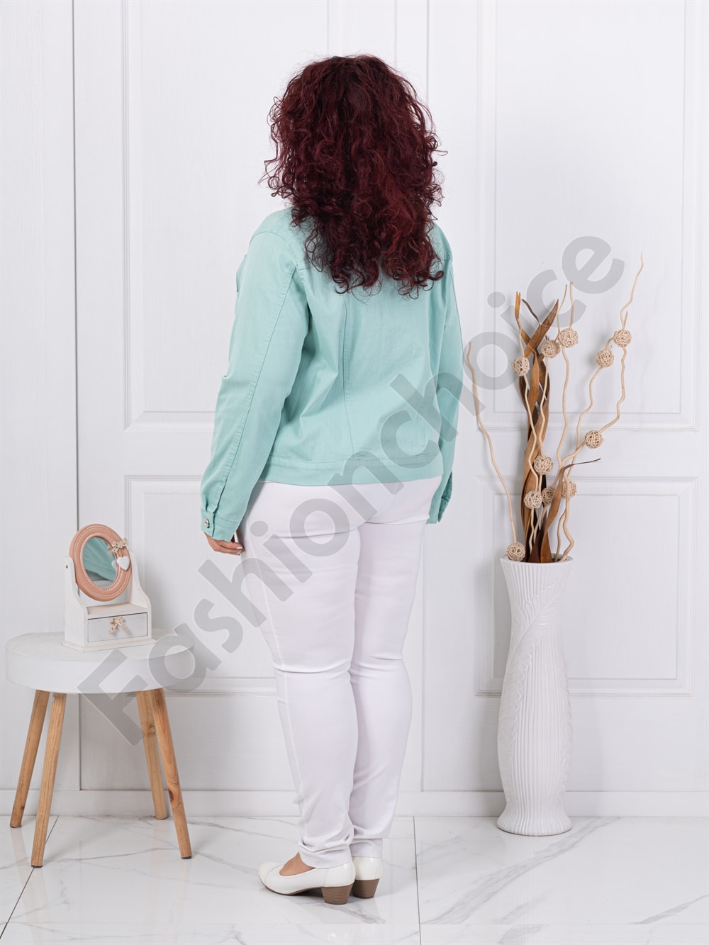 Geaca maxi din denim de vara cu brosa-menta cod 8967