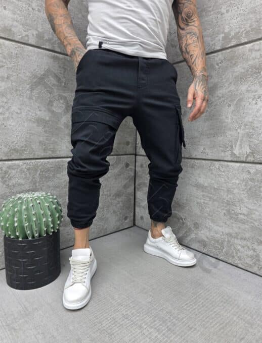 Pantalon jogger din material gros cu buzunar cargo-negru cod 3104