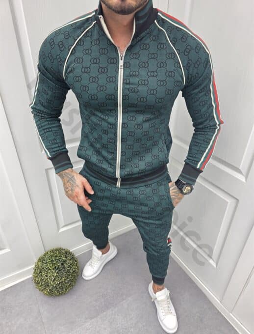 Compleu sport pentru barbati cu guler inalt-verde masliniu cod 5109-1