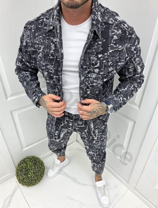Compleu pentru barbati din denim cu efect zgariat-negru cod 5073-1