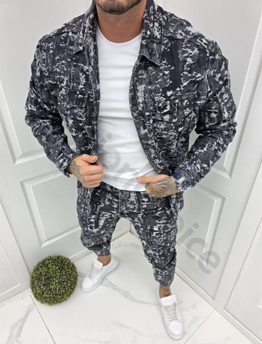 Compleu pentru barbati din denim cu efect zgariat-negru cod 5073-1
