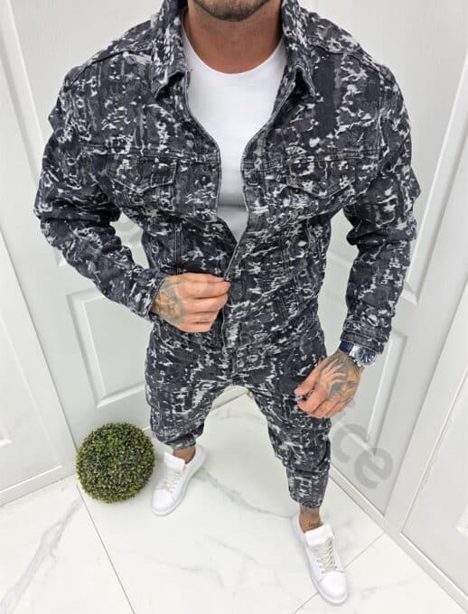 Compleu pentru barbati din denim cu efect zgariat-negru cod 5073-1